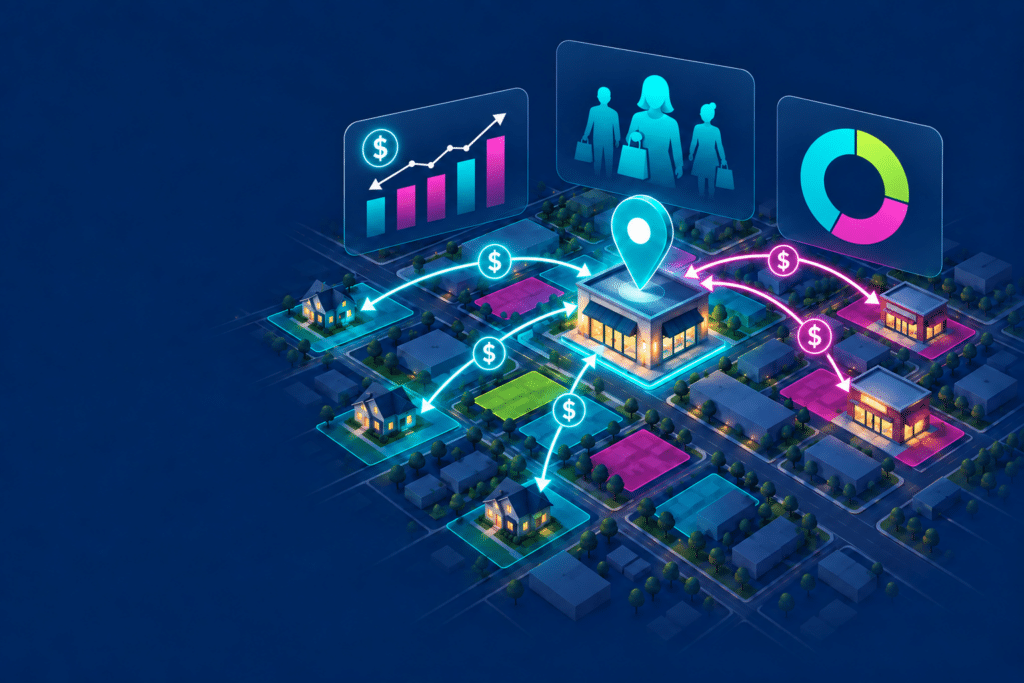 Illustration of a store connected to nearby homes and businesses by two-way arrows with dollar signs, representing customer spending flows. Charts above show sales performance, shopper profiles and market share available in Sitewise Spend Intelligence.